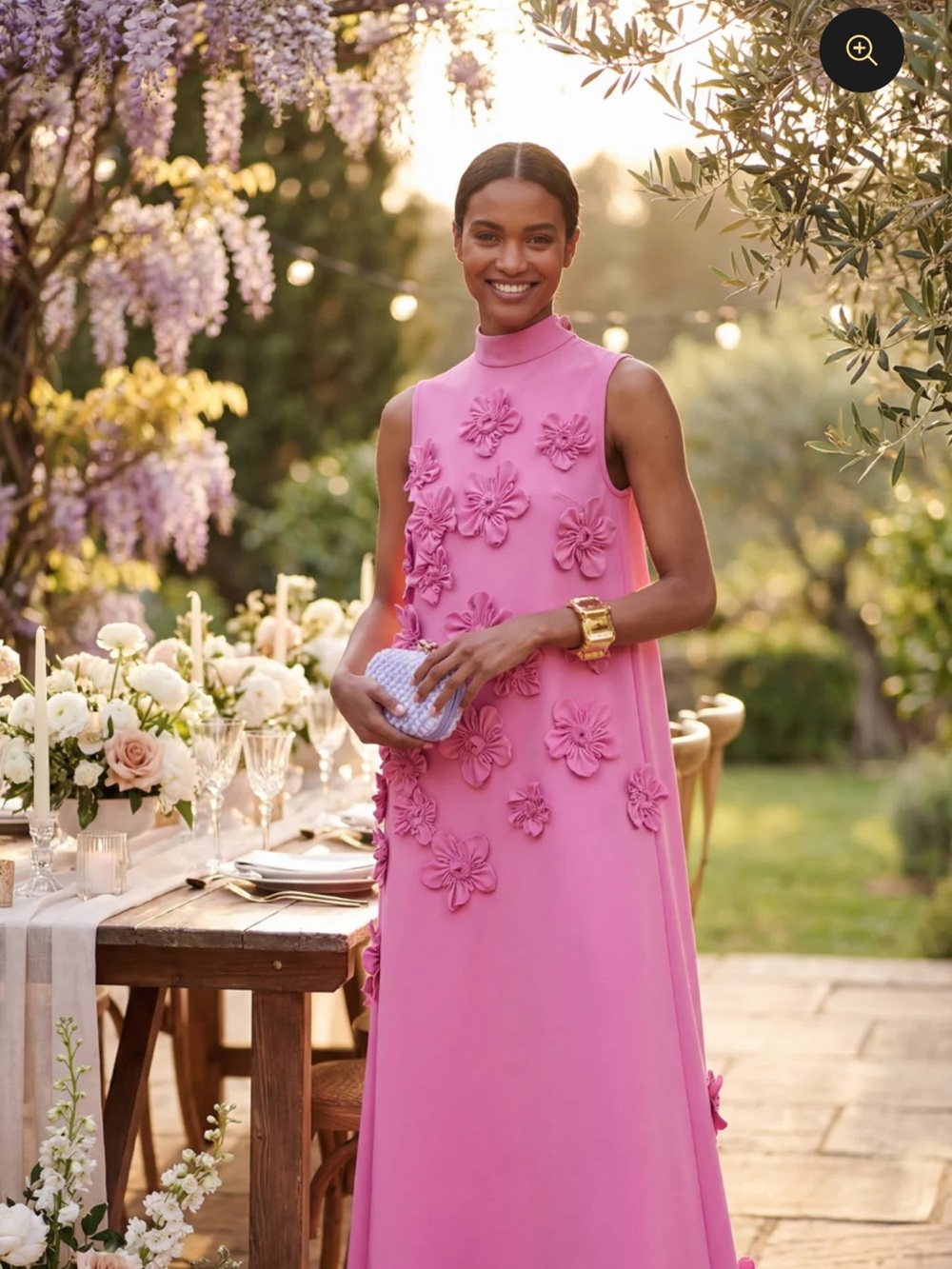 Sleeveless Pink Floral Appliqué Maxi Dress with High Neck